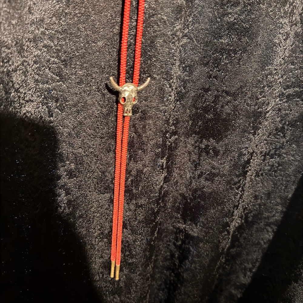 Red Braided Bolo Tie with Bull Skull Slide – Western Cowboy Style - Picture 2 of 3